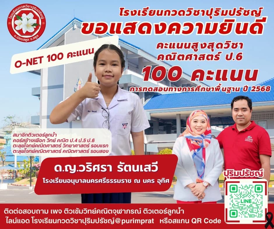 ด.ญ.วริศรา รัตนเสวี - O-NET คณิตศาสตร์ ป.6 คะแนน 100 เต็ม